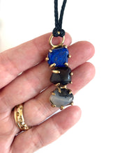 Lapis Lazuli, Apache Tear, Montana Agate in bronze pendant necklace